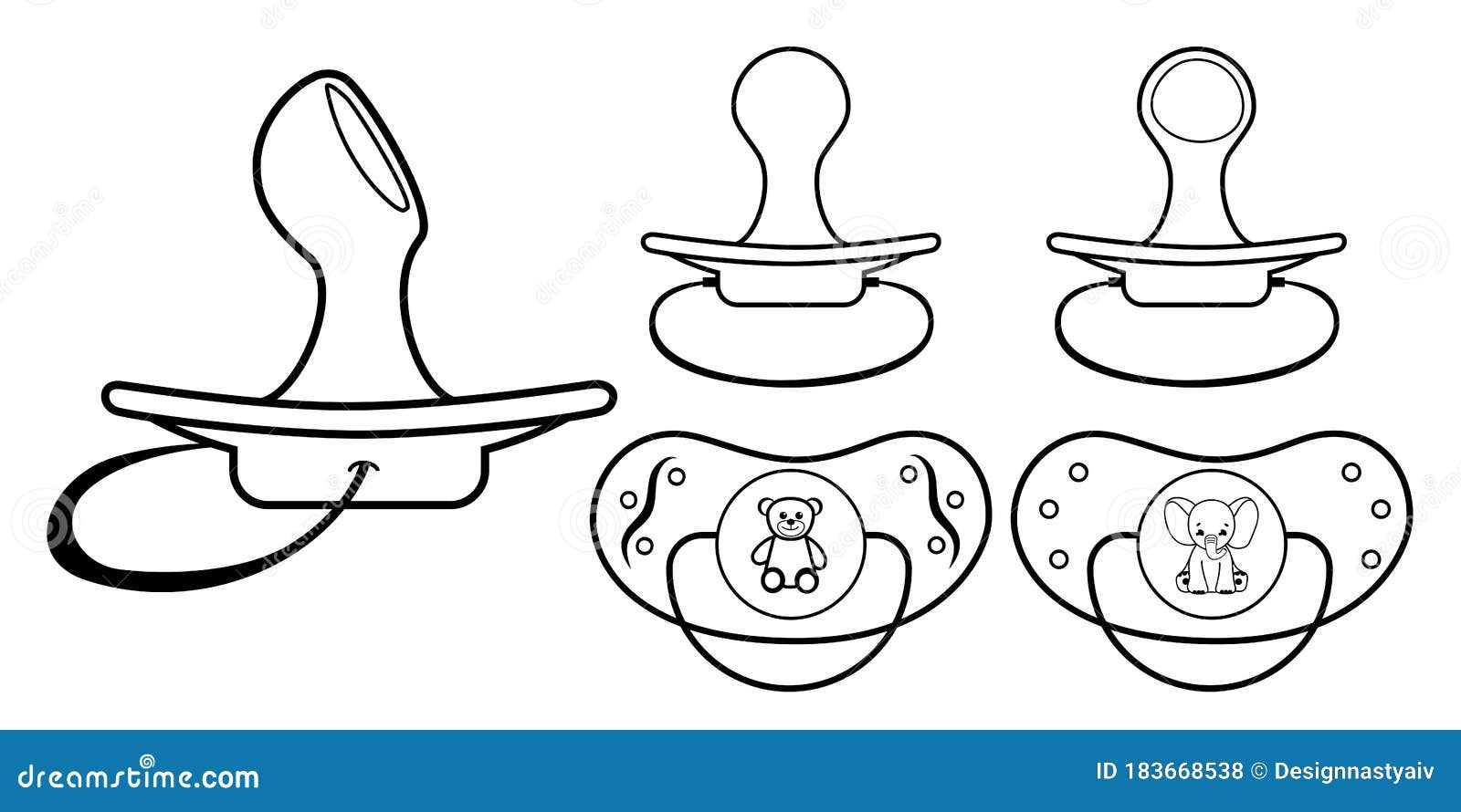 A set of pacifiers contour drawing vector black and white coloring book page stock vector