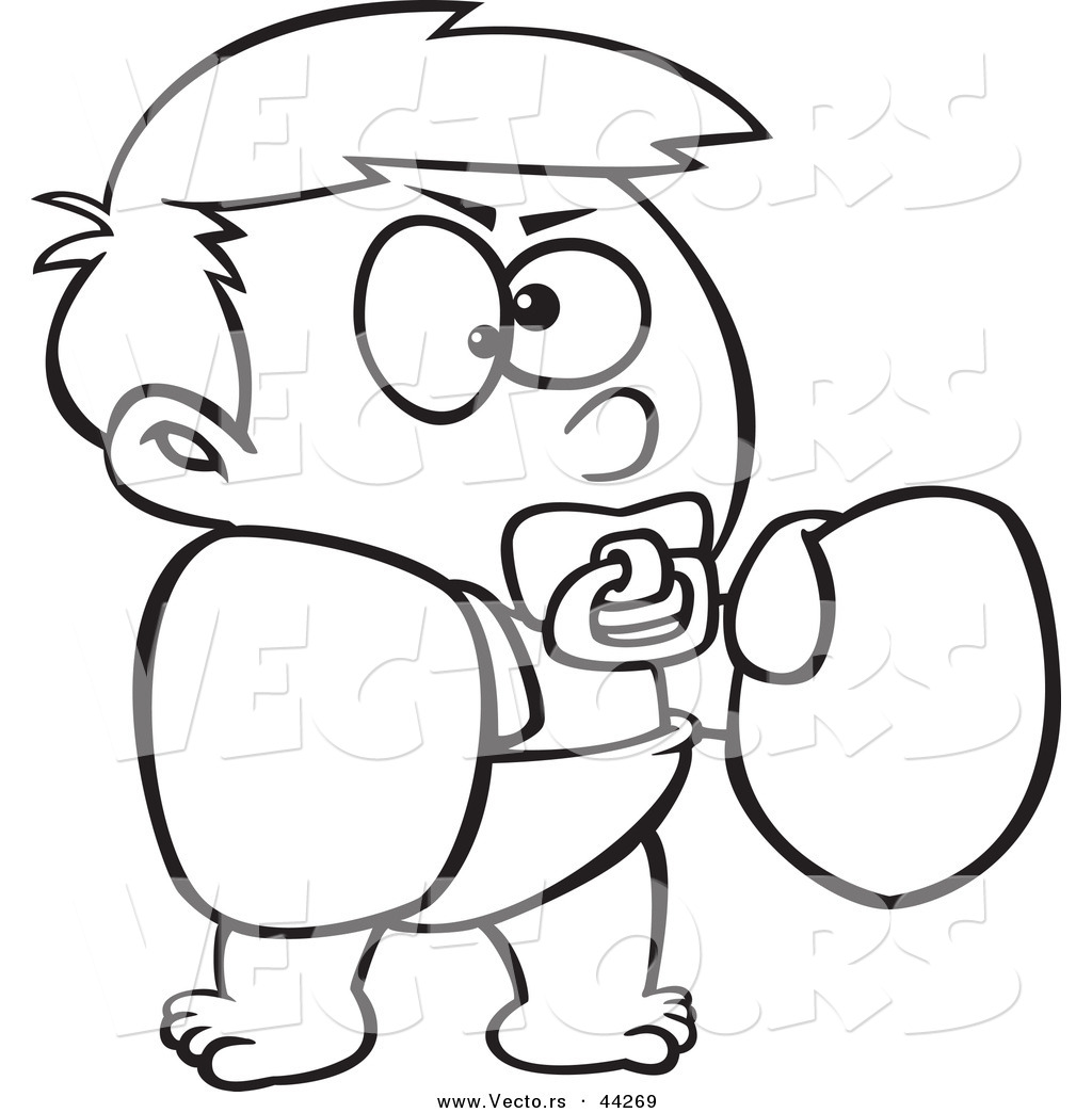 R of a cartoon boy wearing boxing gloves and sucking a pacifier