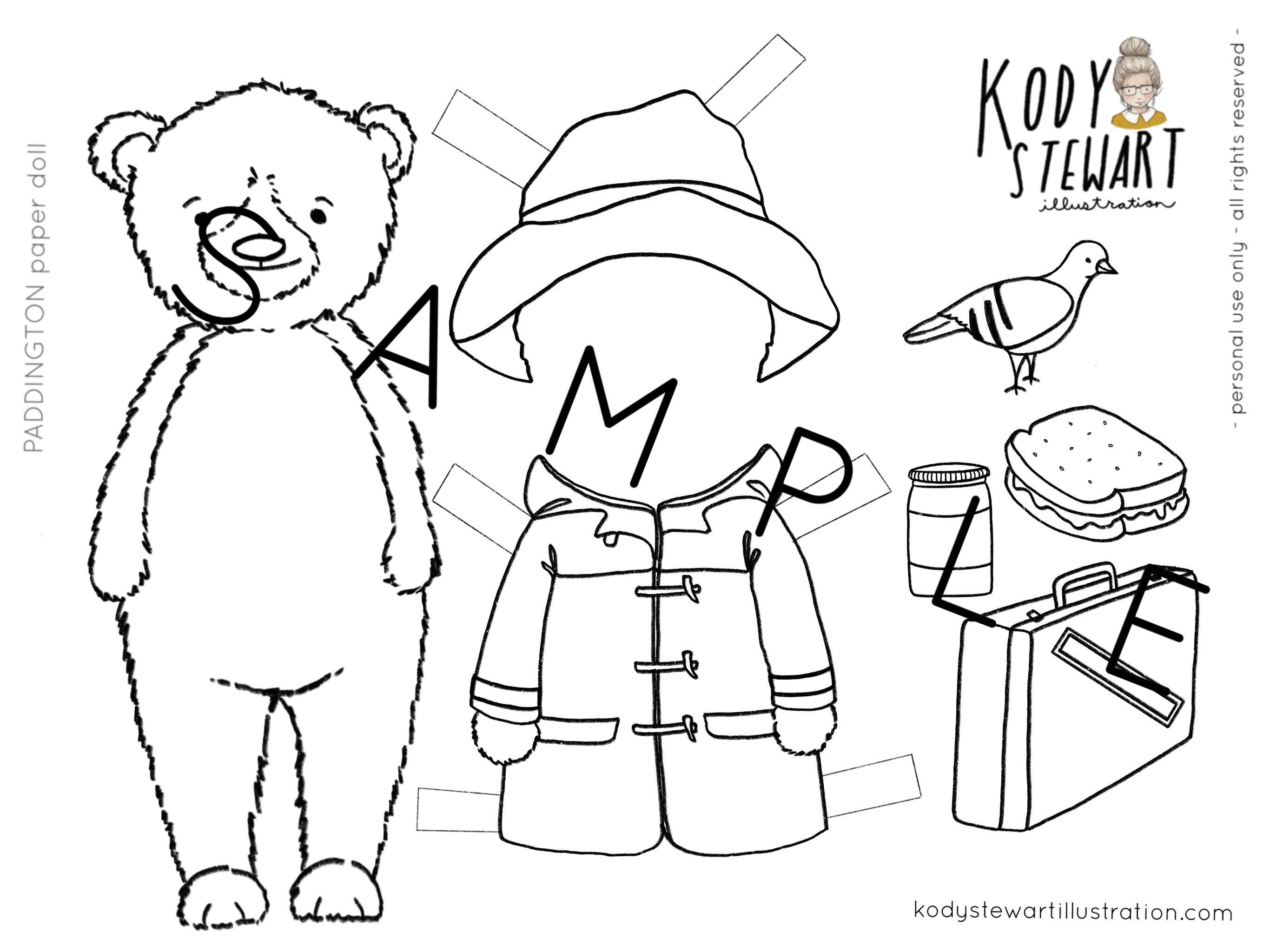 Paper doll printable paddington bear set craft kit birthday party adult colouring sheet modern paper doll printable