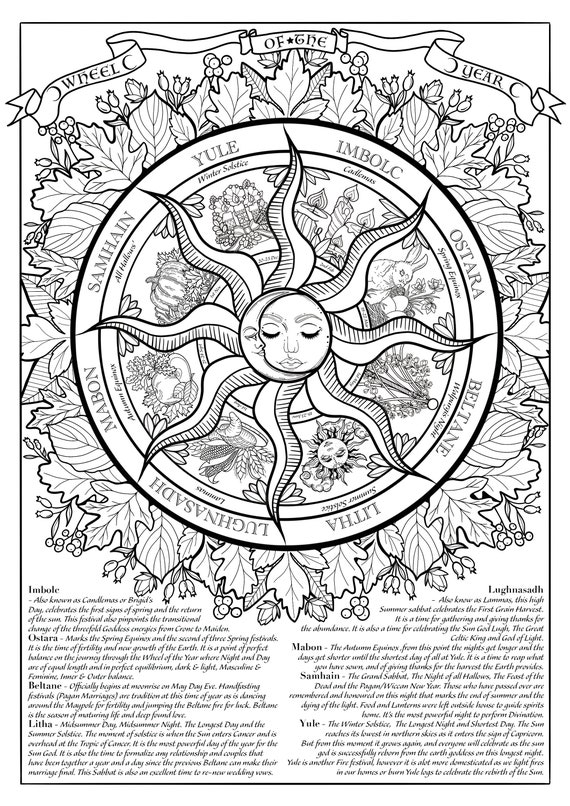 Wheel of the year colouring page ooak digital only wicca pagan witchcraft seasons adult colouring page instant download