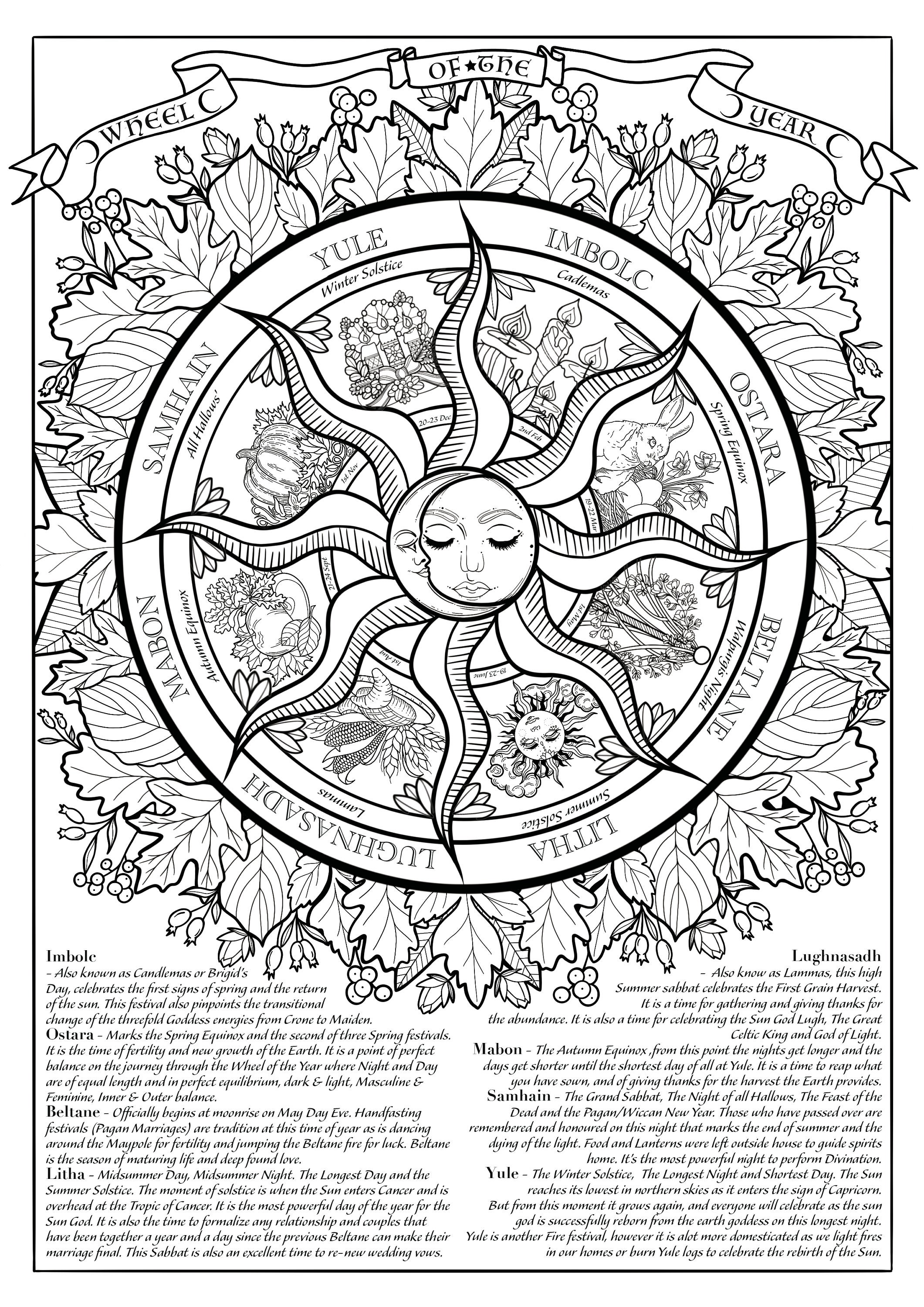 Wheel of the year colouring page ooak digital only wicca pagan witchcraft seasons adult colouring page