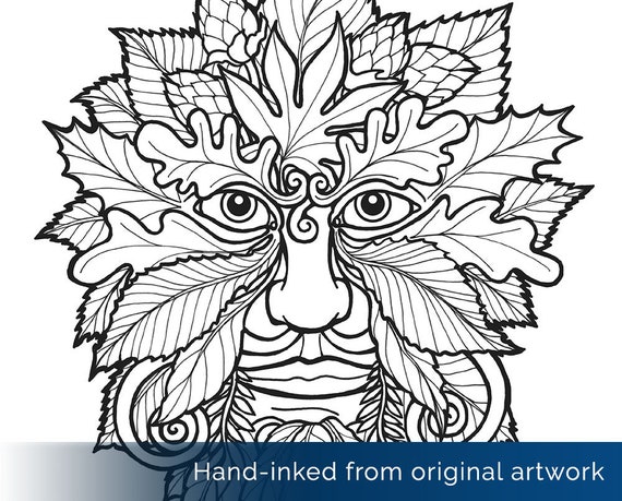 Green man coloring page celtic myth faery world pagan magic pagan art ghillie dhu leaves and vines printable digital download