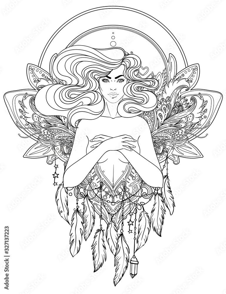 Pretty fairy elf portrait of young woman view with long hair pixie pagan princess vector isolated illustration fantasy spirituality occultism tattoo art nouveau inspired sticker design vector