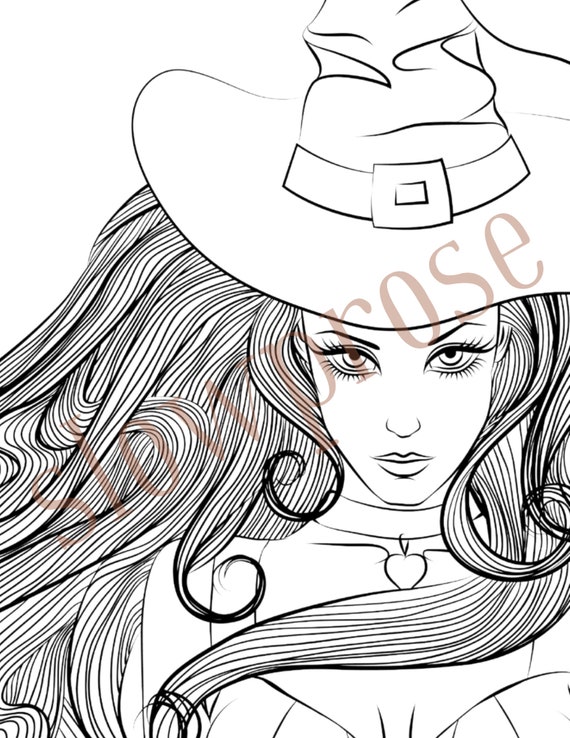 Printable witch coloring page for adults fantasy coloring page pagan wiccan art halloween grayscale hand drawn three sizes