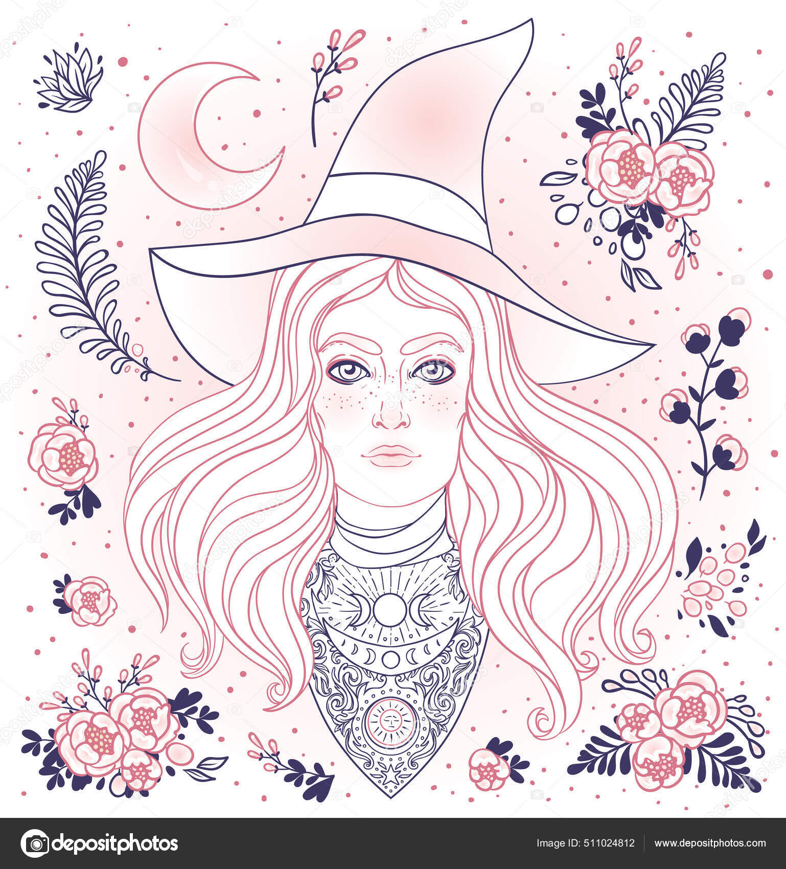 Wiccan witch vector illustration in black and white young woman with long blond hair and magic hat alchemy tattoo art t