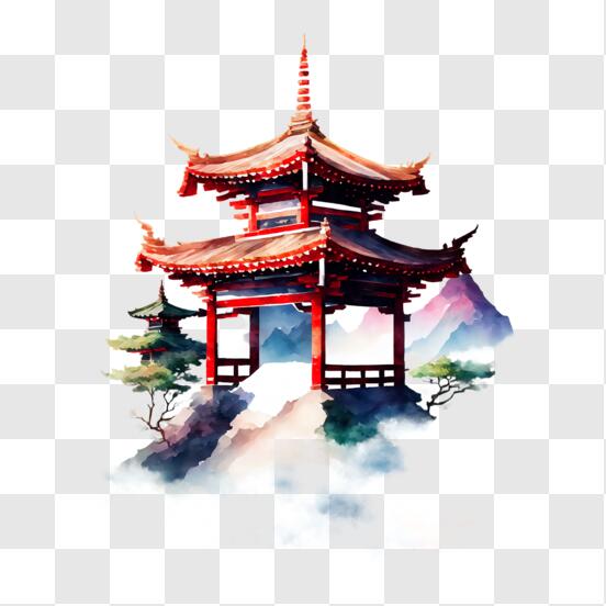 Download watercolor painting of pagoda on clouds png online