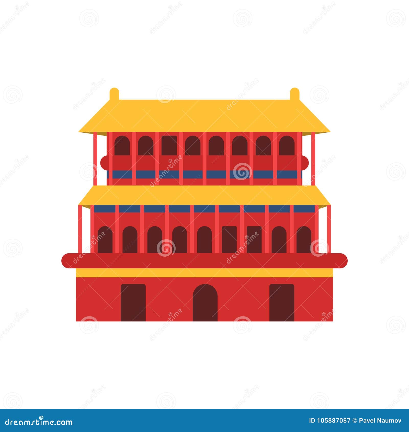 Ancient chinese architecture icon of pagoda temple culture symbol of china buddhist house in red color with yellow stock vector