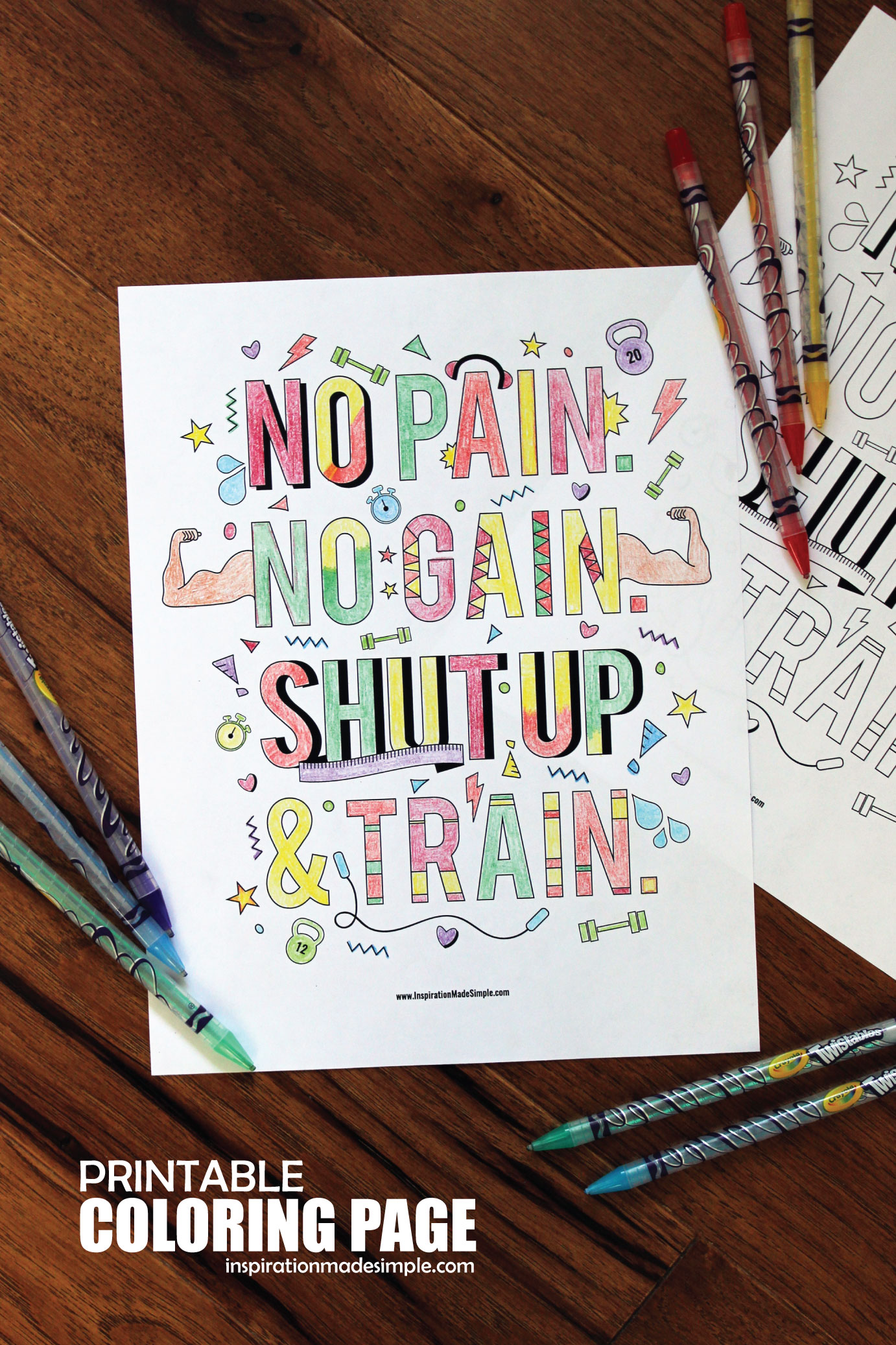 No pain no gain free printable fitness coloring page