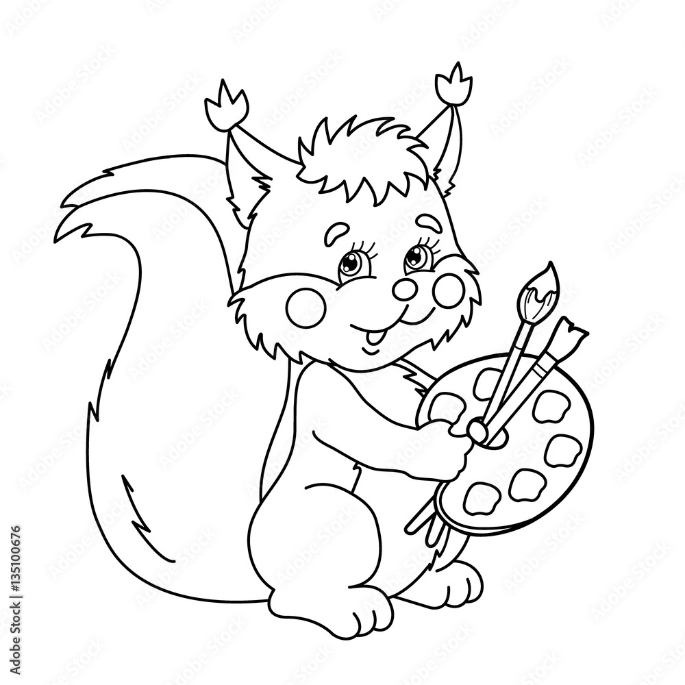 Coloring page outline of cartoon squirrel with brushes and paint coloring book for kids vector