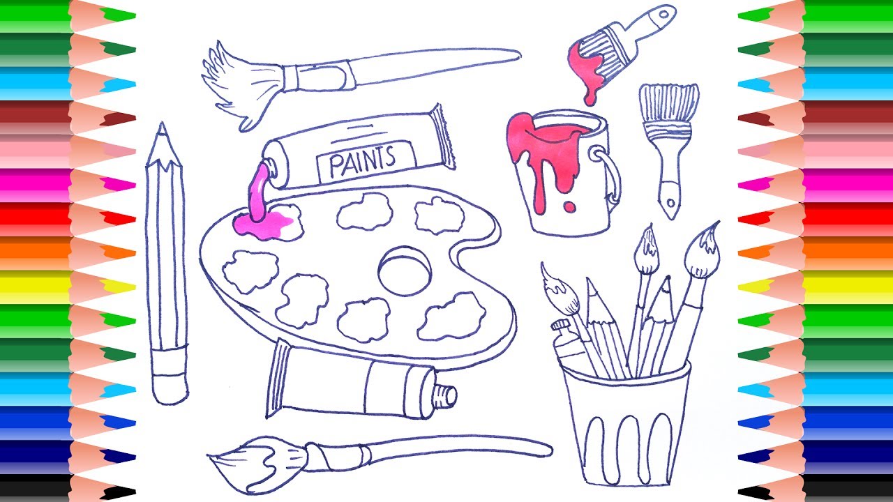 How to draw set tools for painter coloring pages kit for creativity paints brushes and pencils