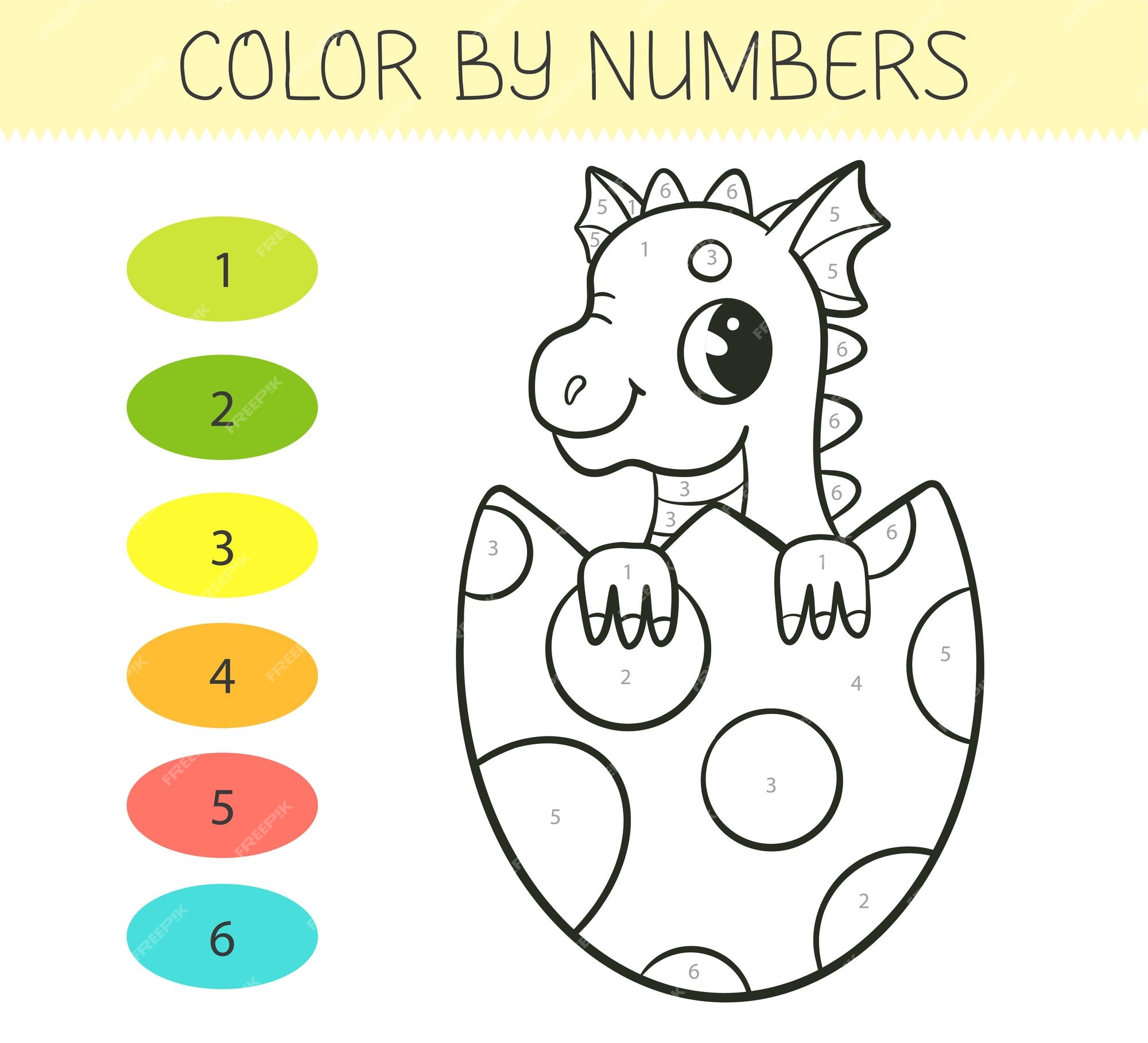 Premium vector color by numbers coloring book for kids cute dragon in the egg coloring page with cartoon dragon