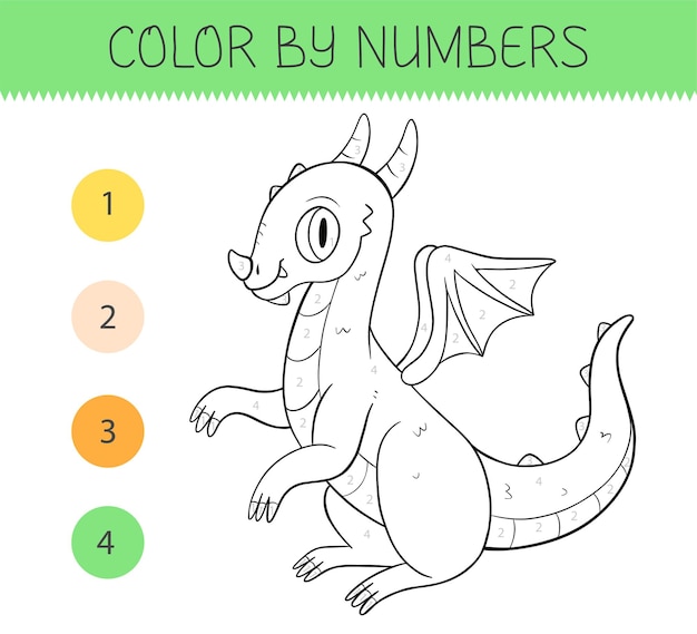 Premium vector color by numbers coloring book for kids with cute dragon coloring page with cartoon dragon