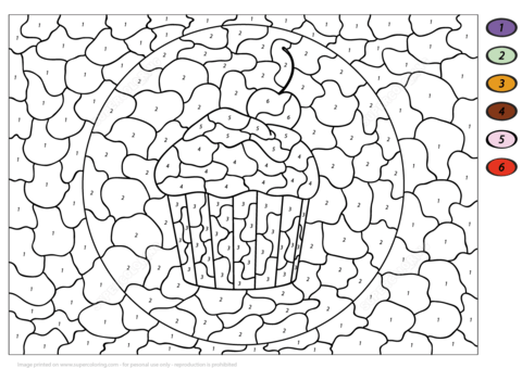 Cake with cherry color by number free printable coloring pages