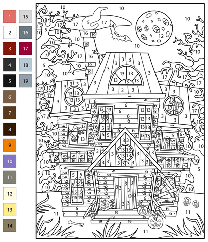 Haunted house color by number free printable coloring pages