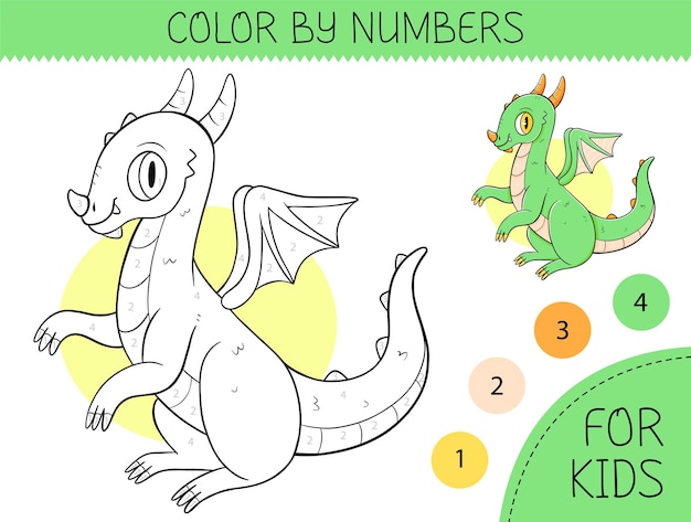 Premium vector color by numbers coloring page for kids with cute dragon coloring book with cartoon dragon