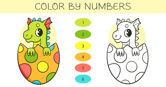 Color by numbers coloring book for kids with cute dragon in the egg coloring page with cartoon dragon with an example for coloring monochrome and color versions vector illustration stock illustration