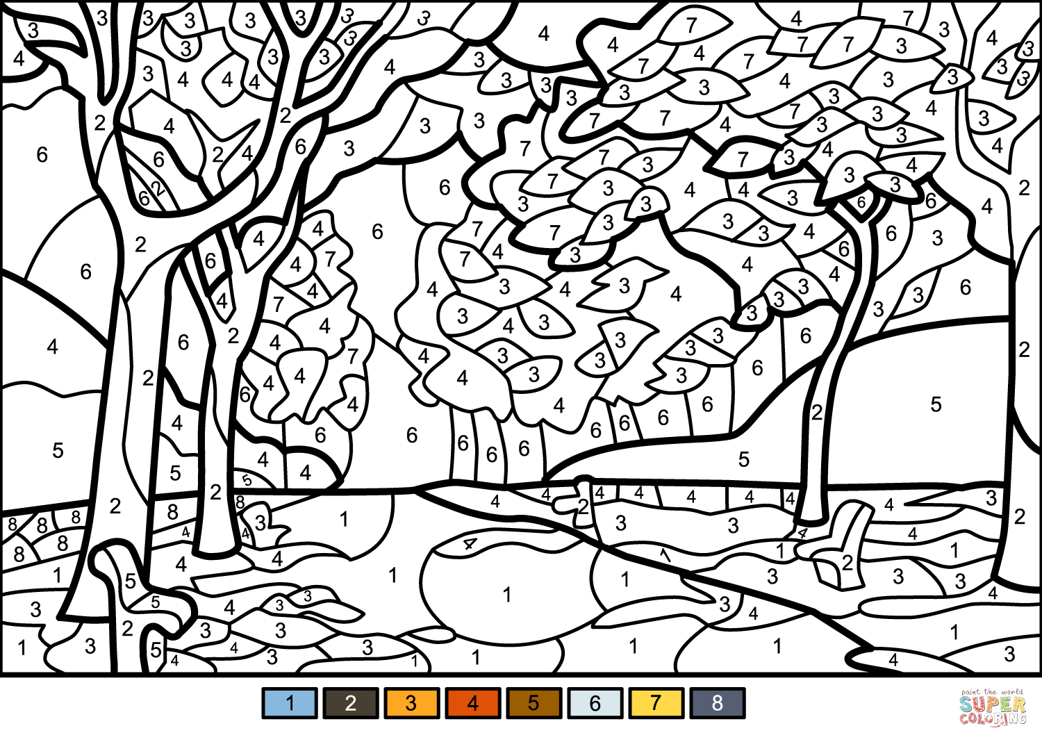 Fall trees color by number free printable coloring pages