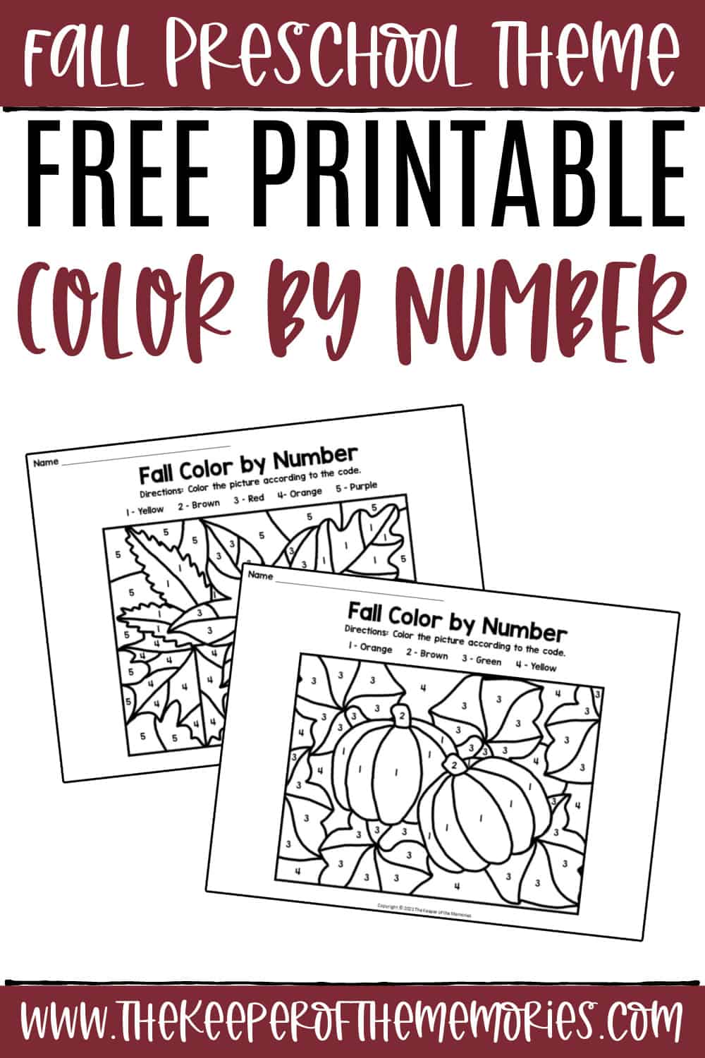 Free printable fall color by number preschool worksheets