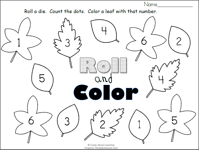 Free fall leaves roll and color numbers worksheet made by teachers