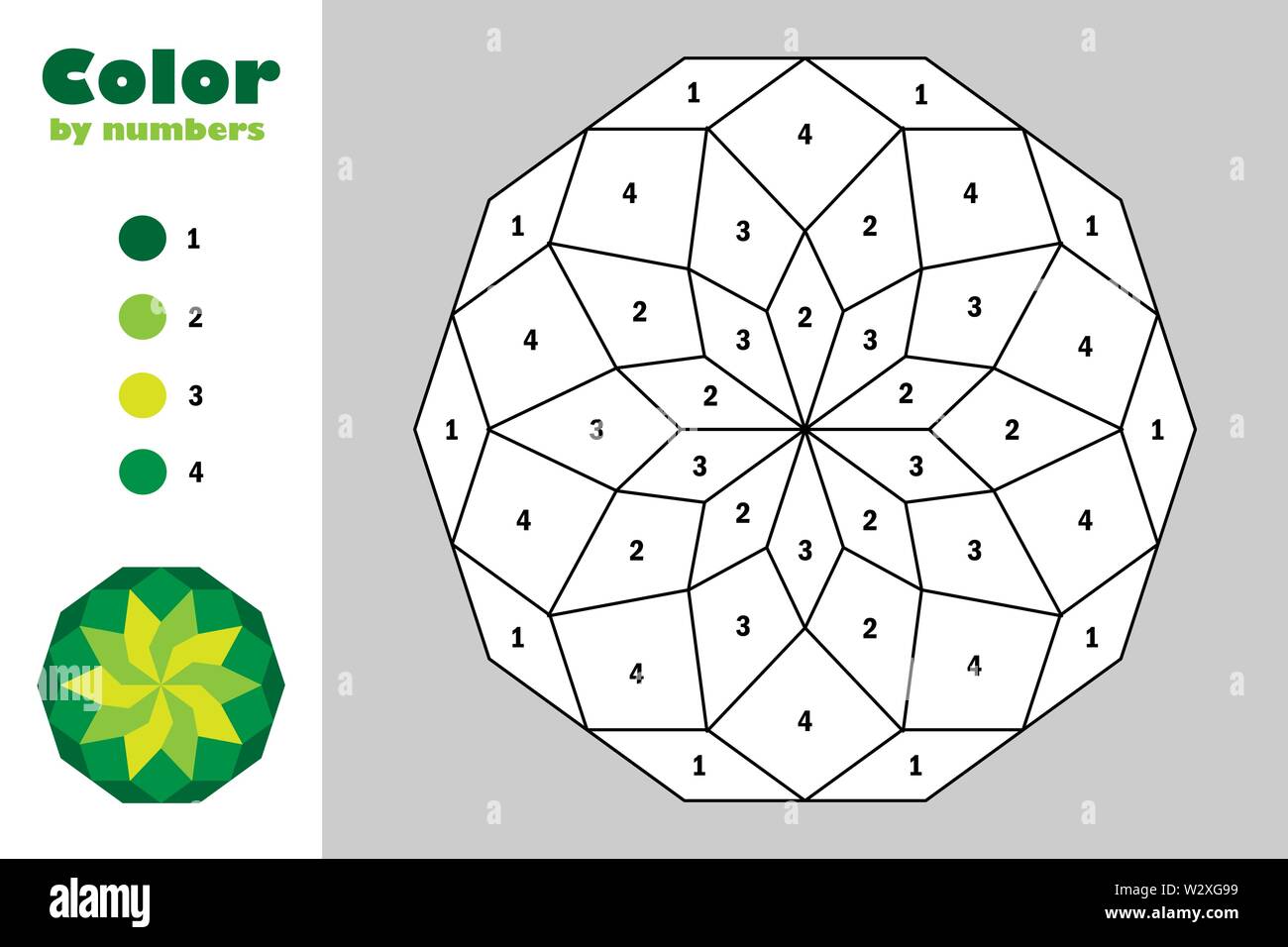 Green mandala in cartoon style color by number education paper game for the development of children coloring page kids preschool activity printab stock vector image art