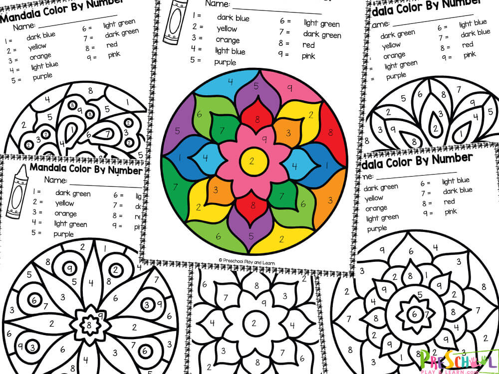 Free printable mandala color by number worksheets