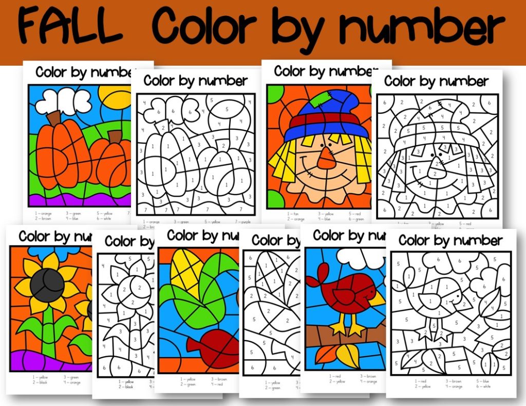 Fall color by number coloring pages free to download