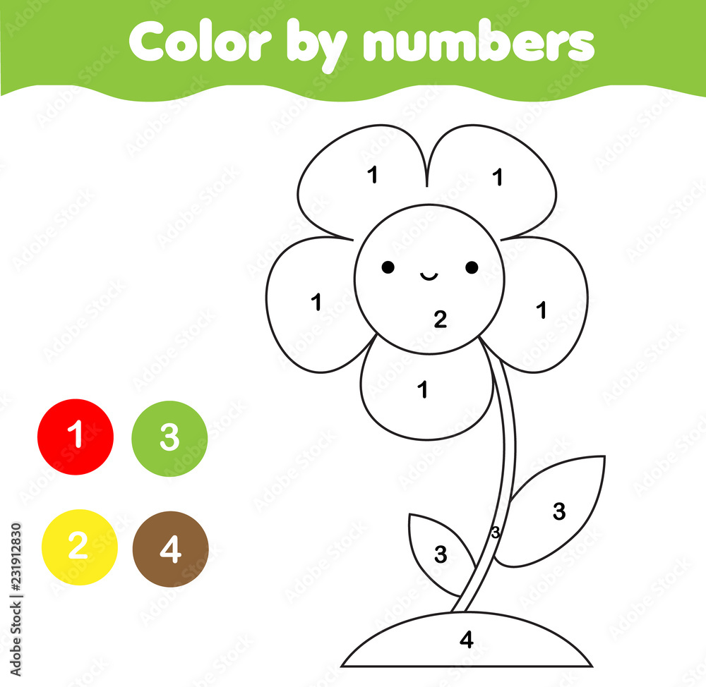 Coloring page with flower color by numbers printable activity for kids and children elementary level vector