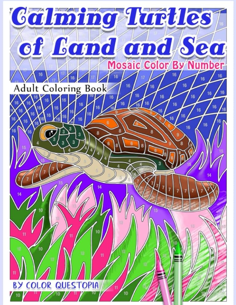 Lming turtles of land and sea mosaic color by number adult coloring book for stress relief and relaxation