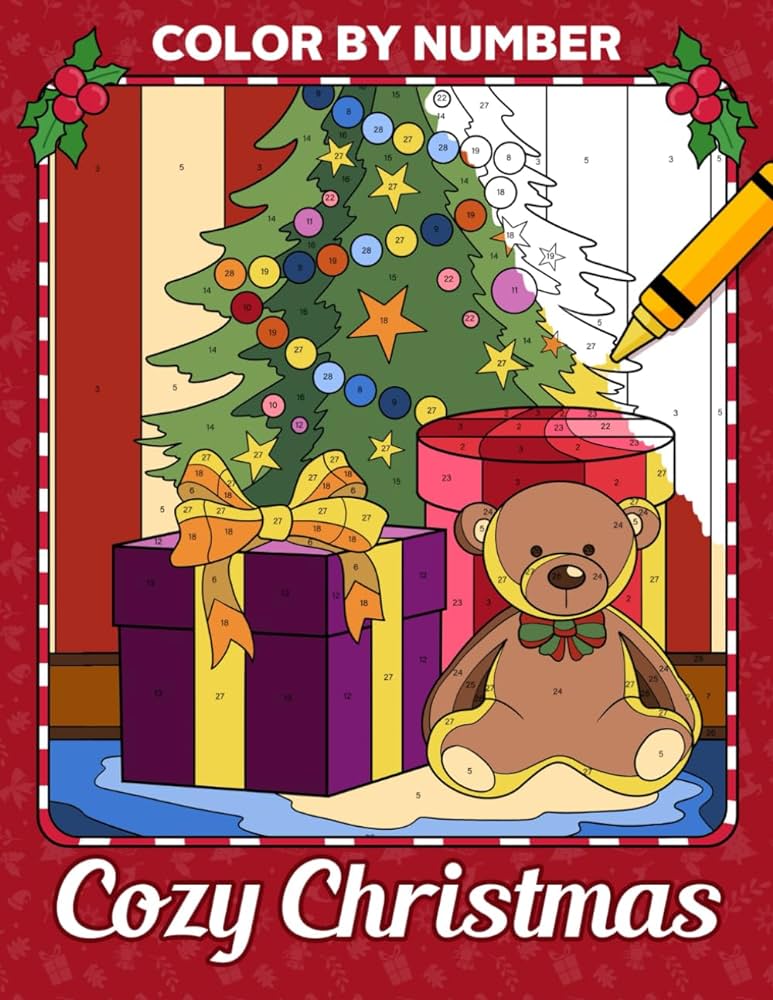 Color by number cozy christmas coloring book of winter holiday and festive scenes for adults seniors stress relief paint by numbers designs featuring snows reindeer candy trees and more pages enchanting