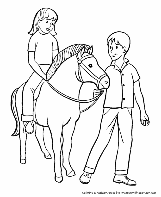 Horse coloring pages boy and girl with pony coloring page