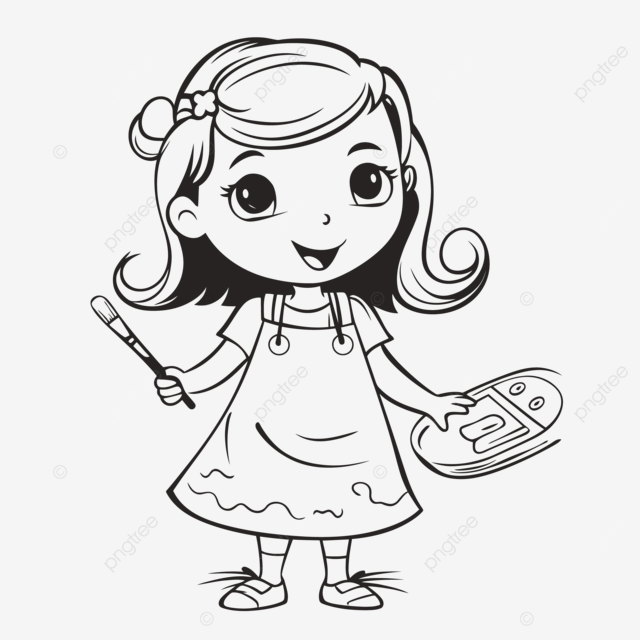 Free coloring pages of a girl painting and holding a brush and palette outline sketch drawing vector wing drawing girl drawing ring drawing png and vector with transparent background for free download