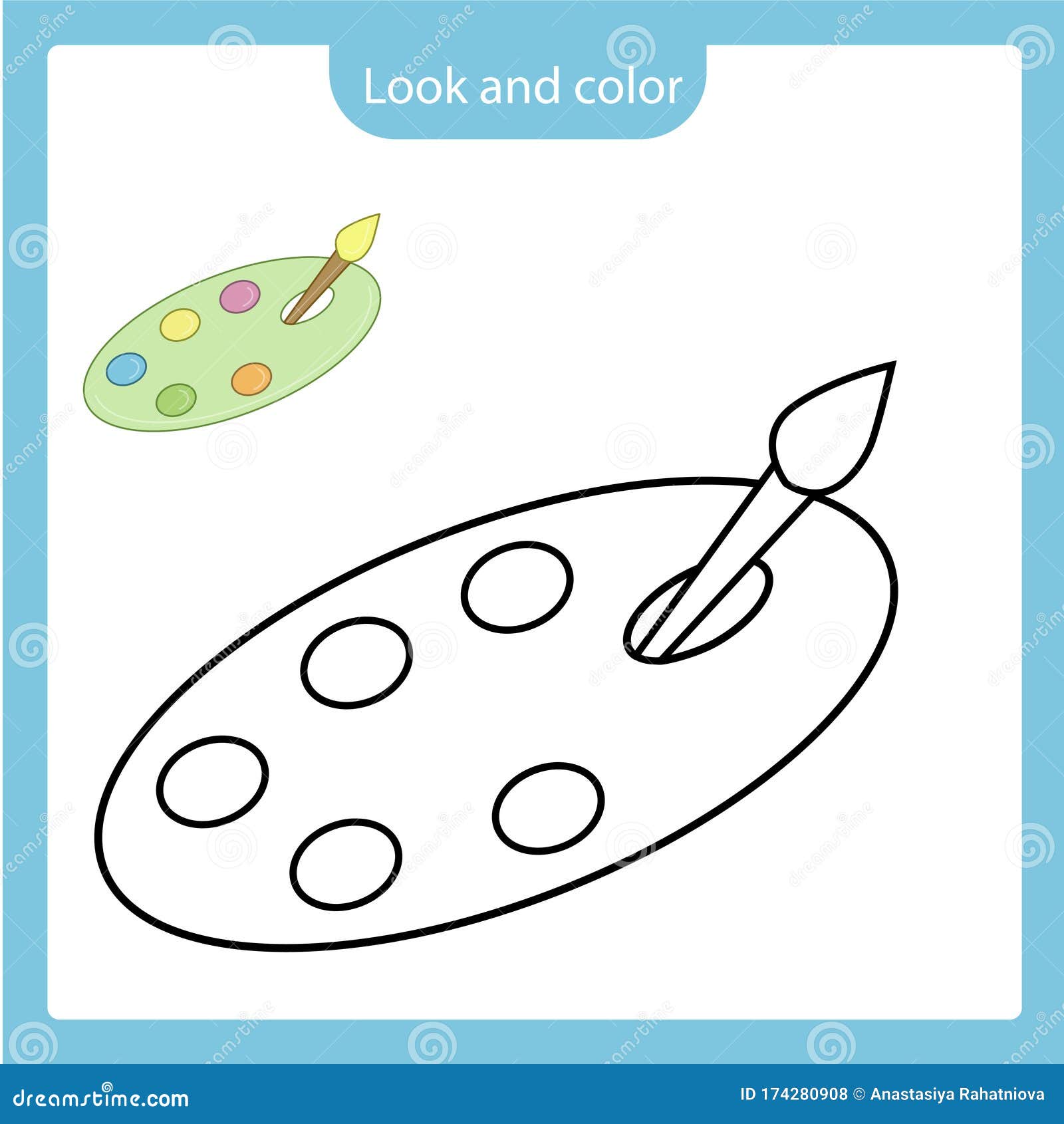 Coloring page outline of brush and paint on the palette toy with example stock vector