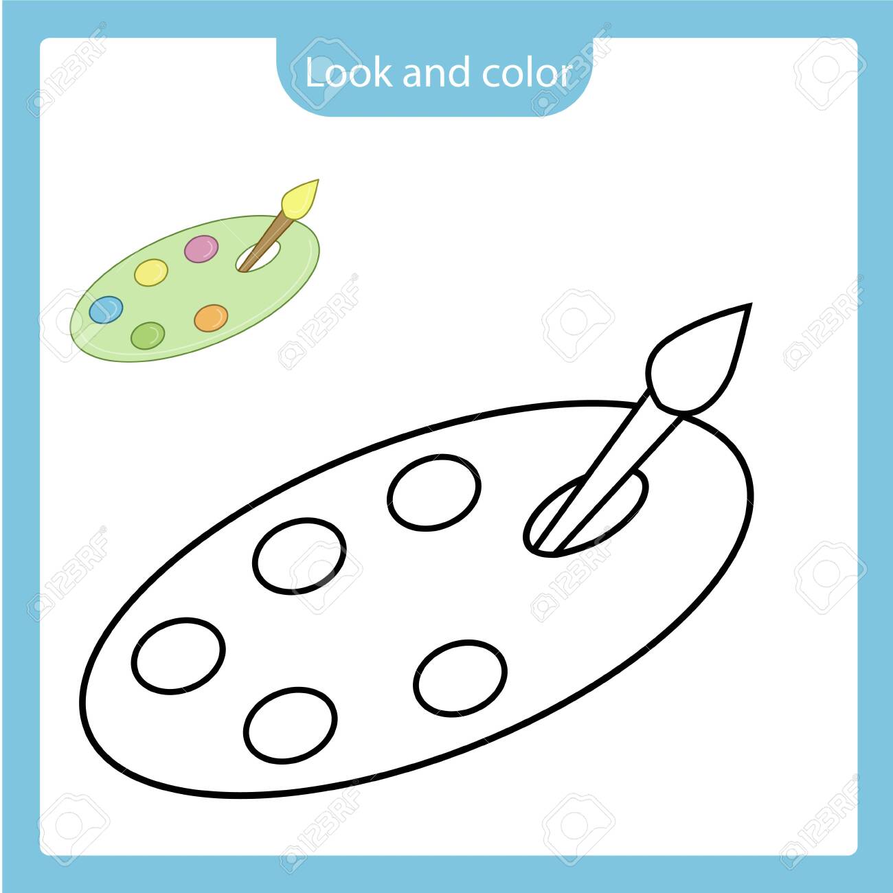 Look and color coloring page outline of brush and paint on the palette toy with example simple shapes vector illustration coloring book for kids royalty free svg cliparts vectors and stock illustration