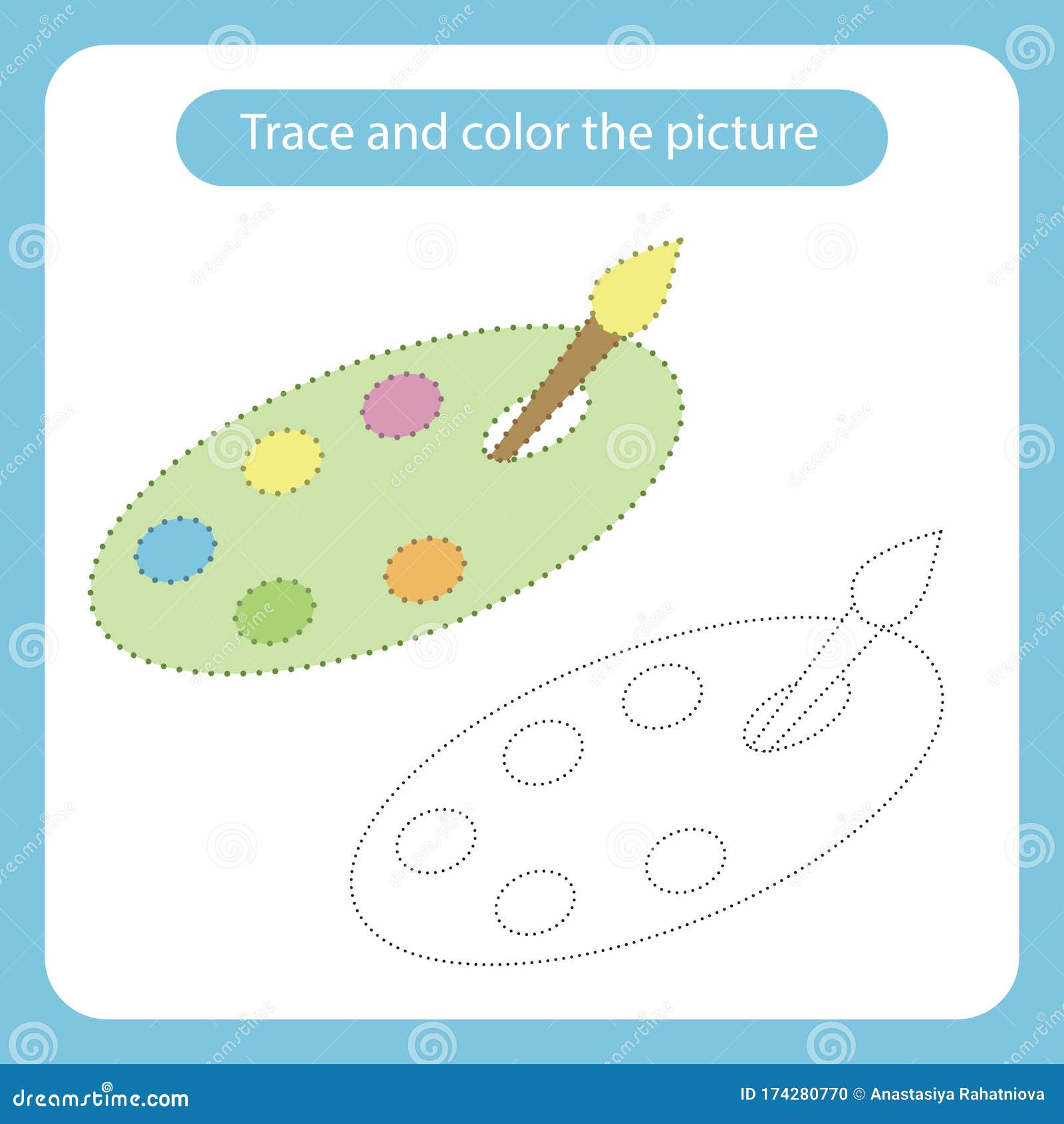 Brush and paint on the palette with simple shapes trace and color the picture stock vector