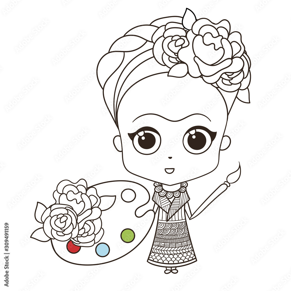 Cute baby artist in traditional mexican clothing covered with doodle patterns wreath of flowers on head palette and brush in her hands coloring page or design print easy to change color