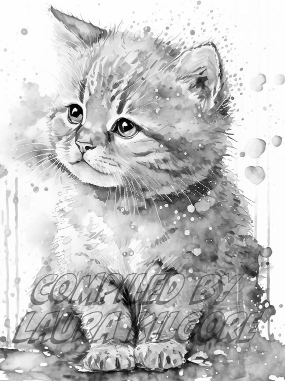 Kitty single coloring page in greyscale from splatter art book