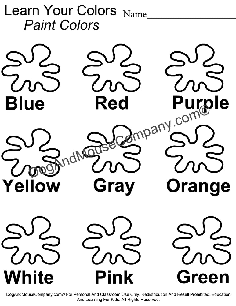 Learn your colors paint splash coloring page worksheet printable digit â dog and mouse pany