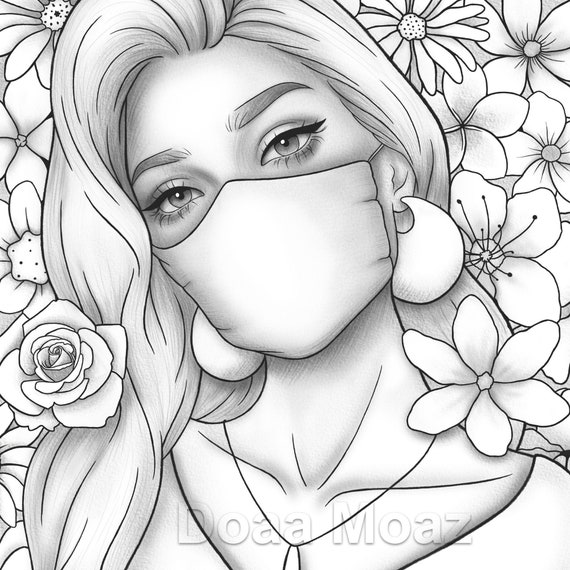 Printable coloring page fantasy floral girl portrait wearing mask