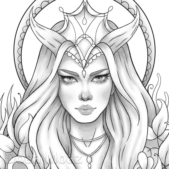 Printable coloring page fantasy girl portrait