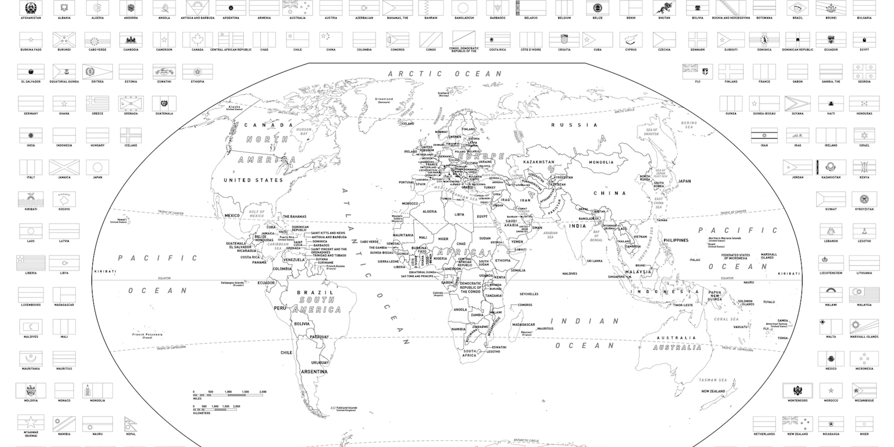 Download and color a free world or united states map with flags