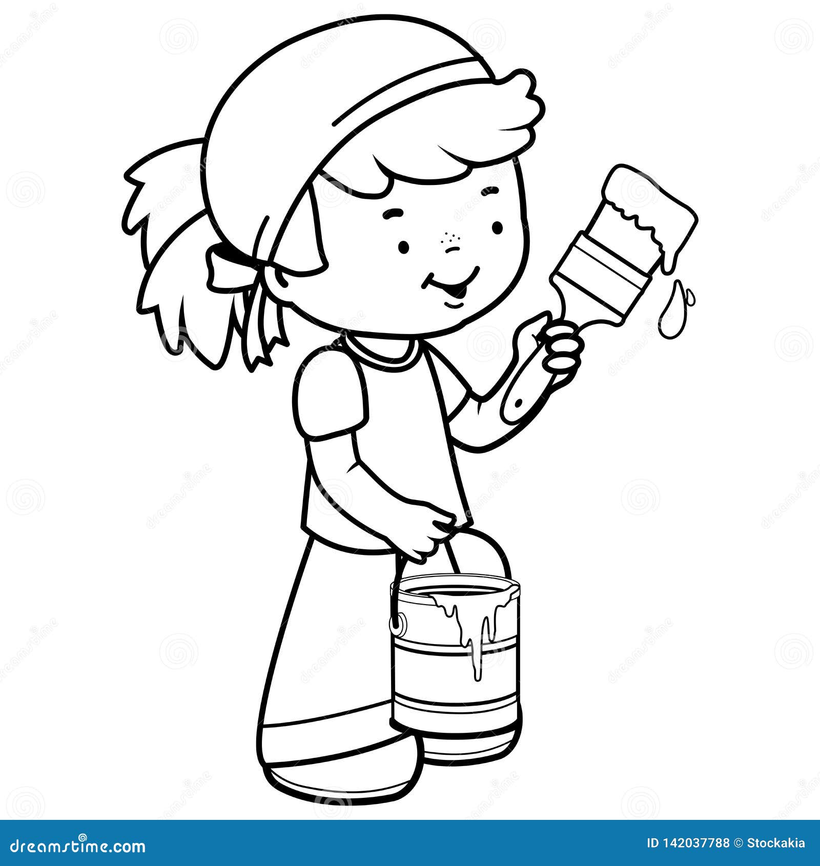 Child painting with a paint brush and holding a paint bucket vector black and white coloring page stock vector