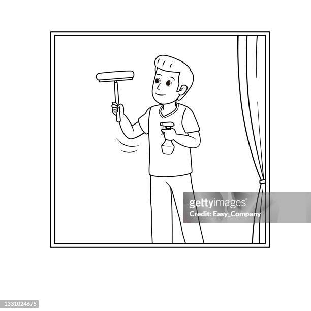 Black and white vector illustration of kids activity coloring book page with pictures of men doing housework by wipe the glass high