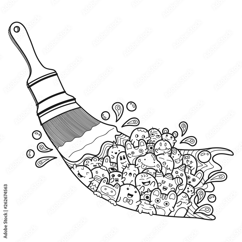 Cute monsters cartoon exploding from the painting area of paintbrush hand drawn doodles style for coloring book page and design element vector illustration vector