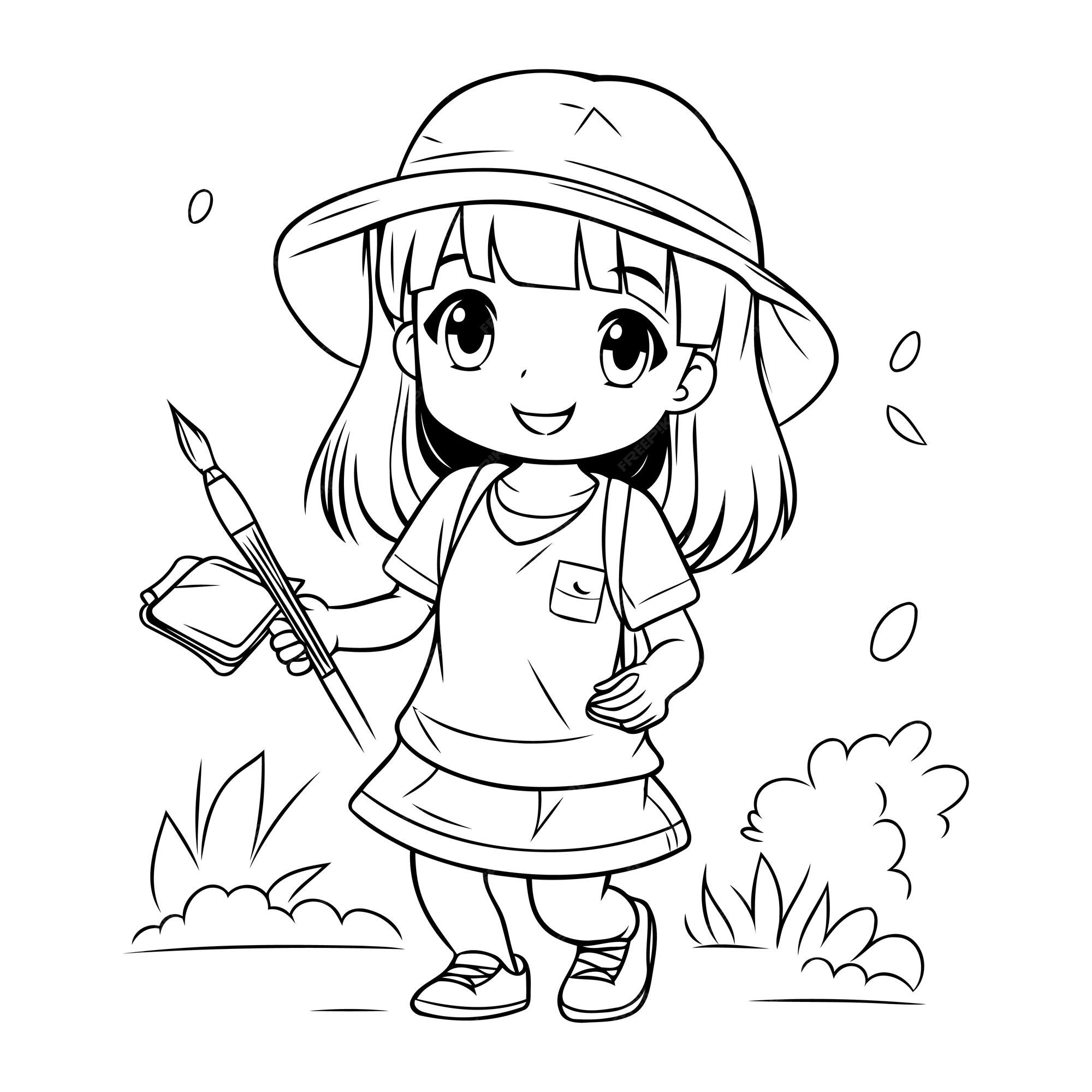 Premium vector coloring page outline of a cute little girl with paintbrush