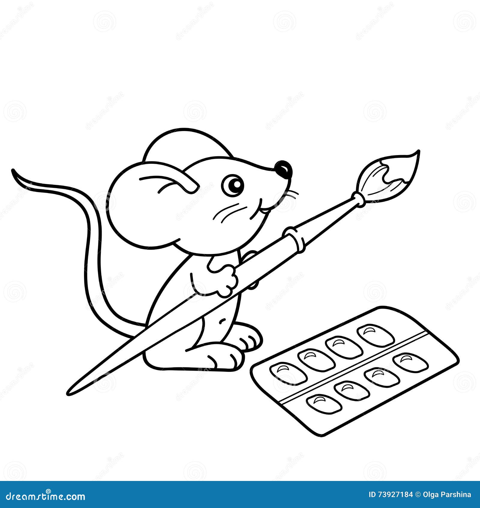 Coloring page outline of cartoon little mouse with brush and paints coloring book for kids stock vector