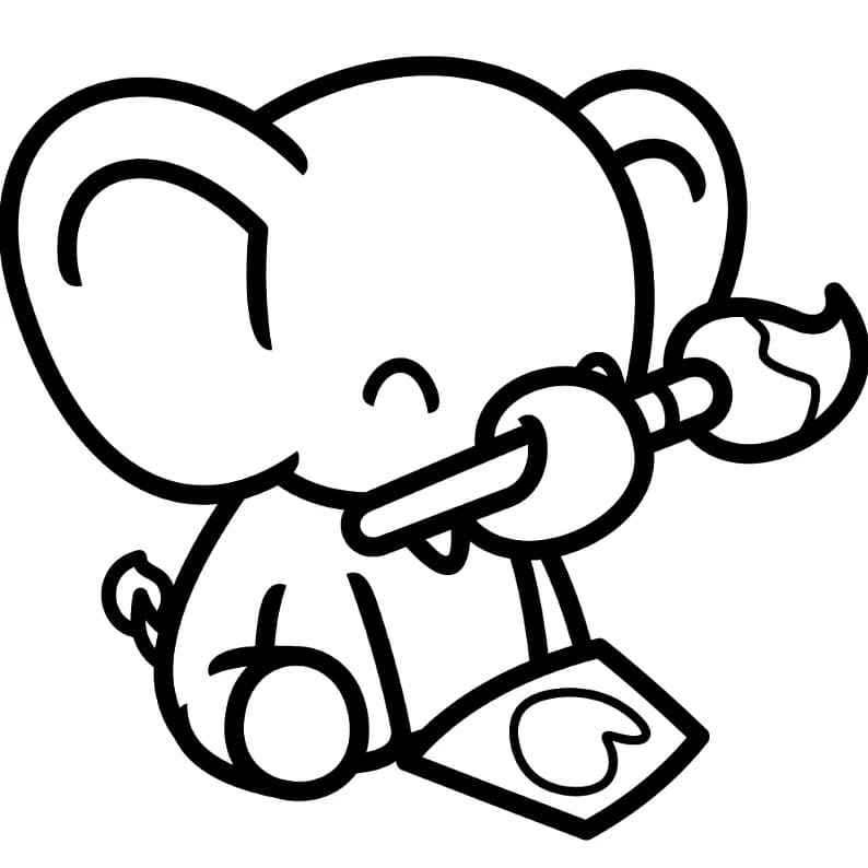 Cute elephant with a paintbrush coloring page