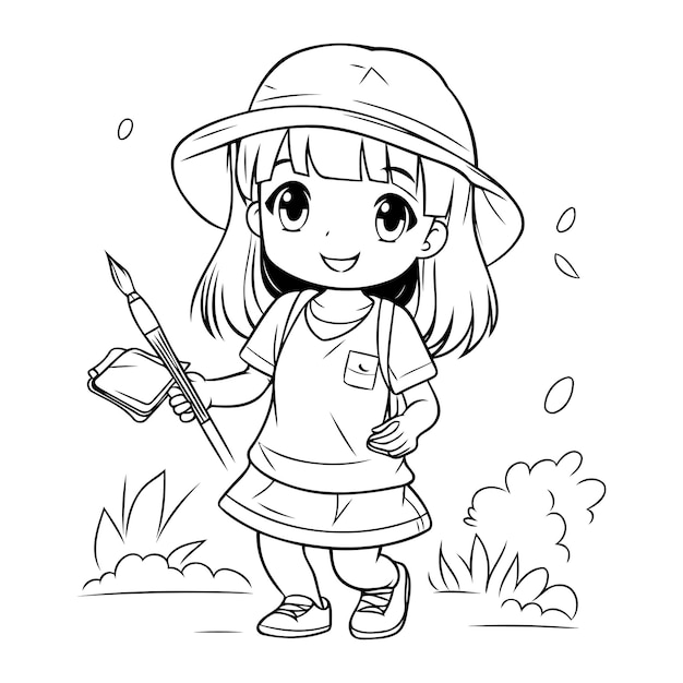 Premium vector coloring page outline of a cute little girl with paintbrush