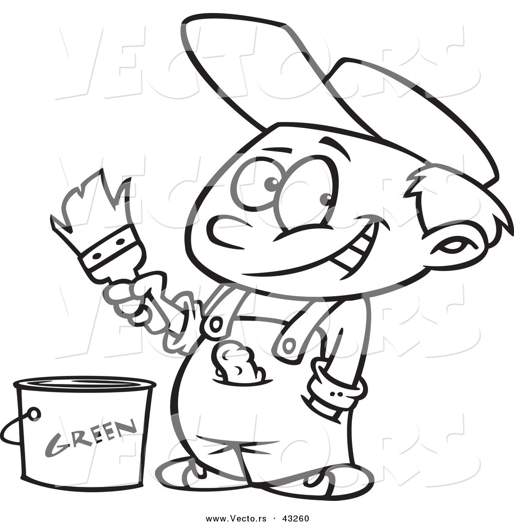 R of a smiling cartoon boy holding a paintbrush above a bucket of green paint