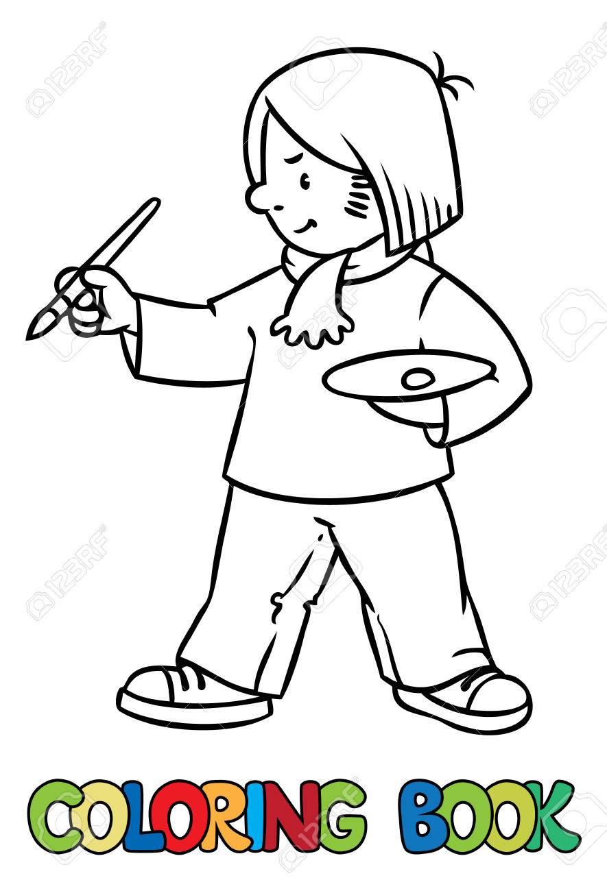 Coloring picture or coloring book of funny artist or painter with paintbrush and palette profession series children vector illustration royalty free svg cliparts vectors and stock illustration image