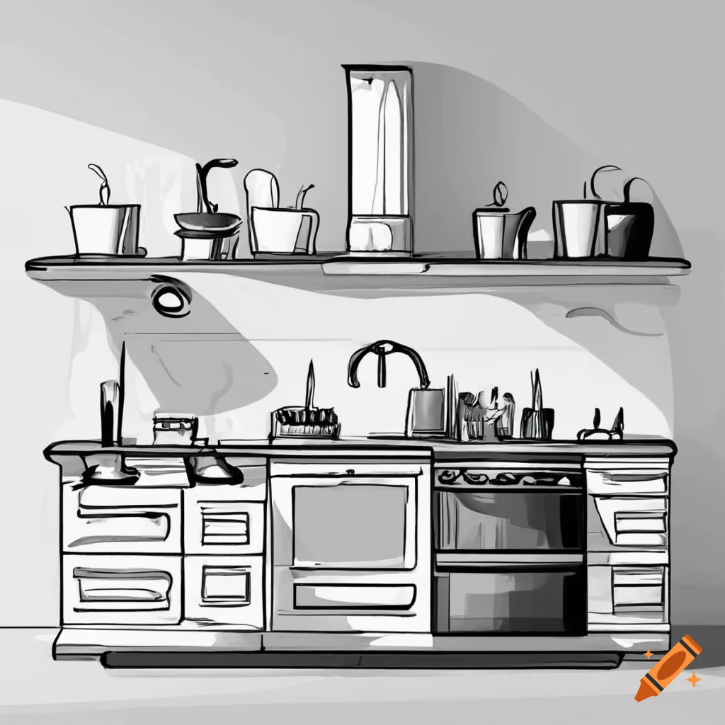 Black and white kitchen in line art drawing in black and white coloring book style on